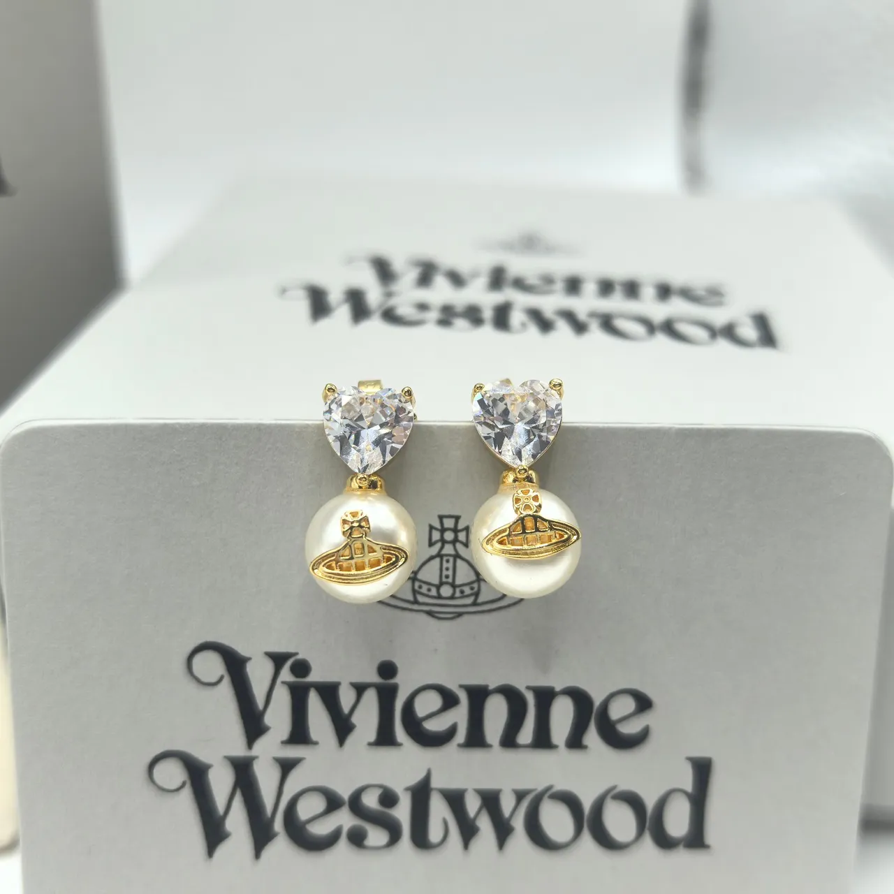 Vivienne Westwood Orb Pearl Heart Red Silver Crystal Tops Drop Pendants Earrings 7