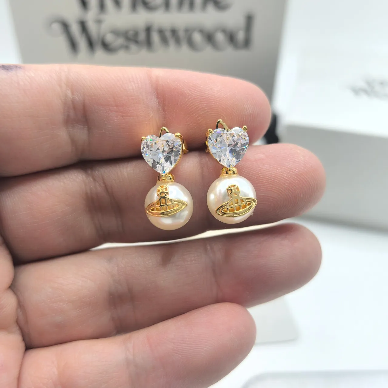 Vivienne Westwood Orb Pearl Heart Red Silver Crystal Tops Drop Pendants Earrings 8