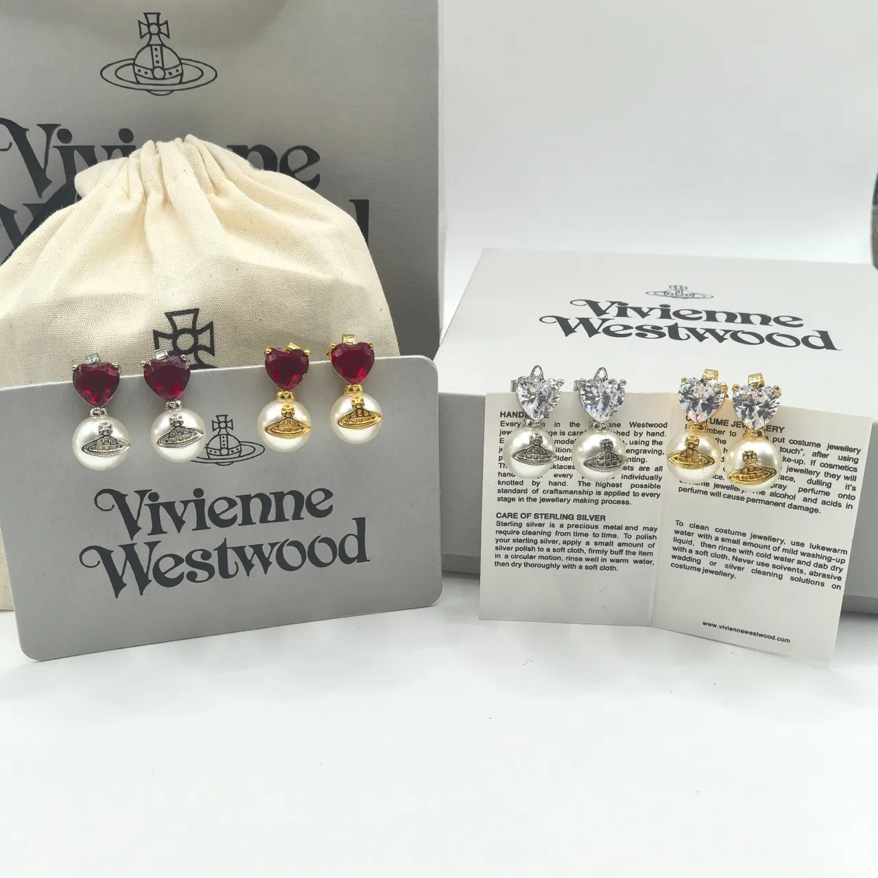 Vivienne Westwood Orb Pearl Heart Red Silver Crystal Tops Drop Pendants Earrings 9