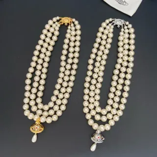 Vivienne Westwood Orb Pearl Necklace Beige Gold Triple-Strand Necklace