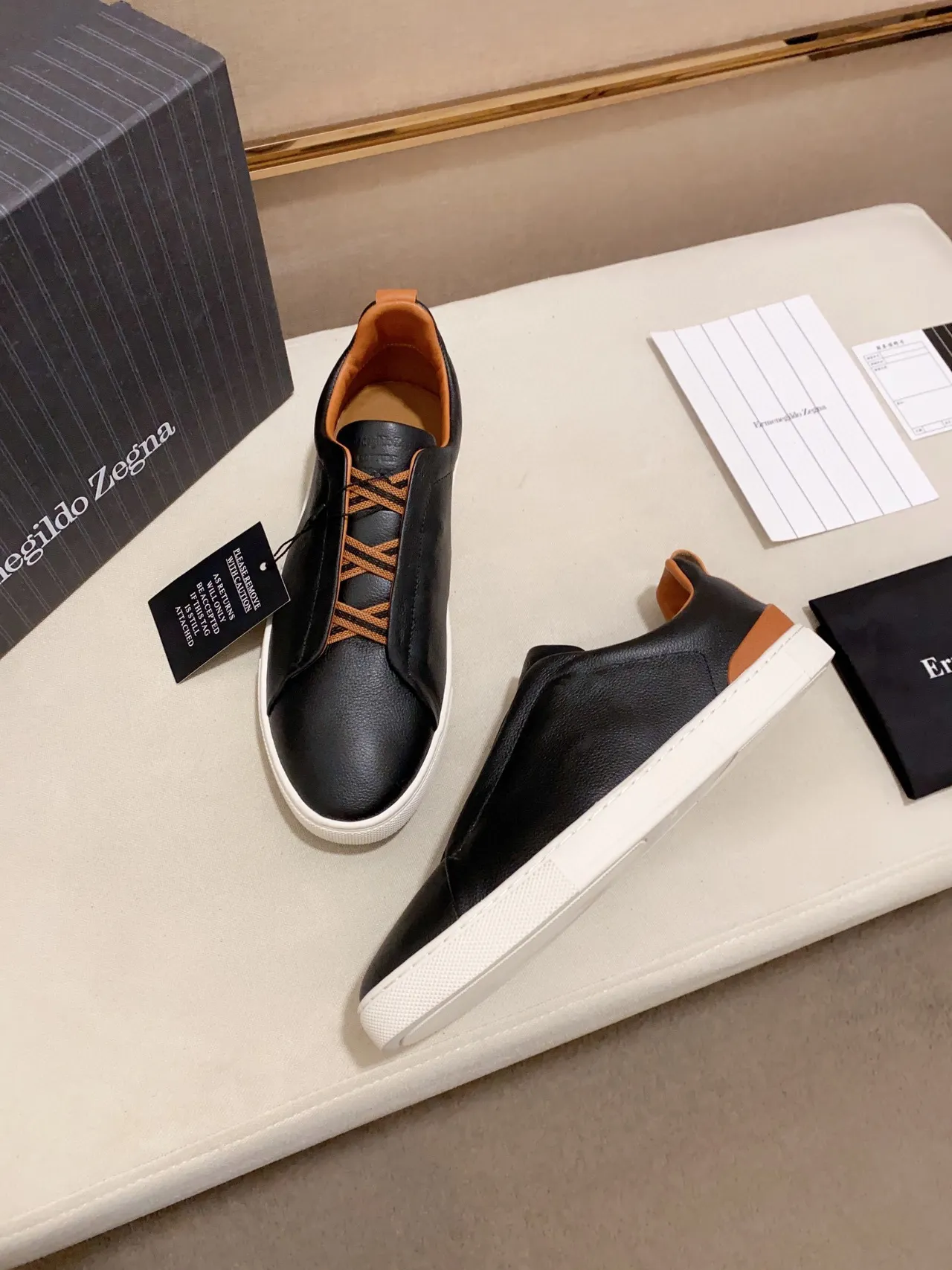 Zegna 黑色棕色皮革鞋面 踩脚式生活方式运动鞋 2