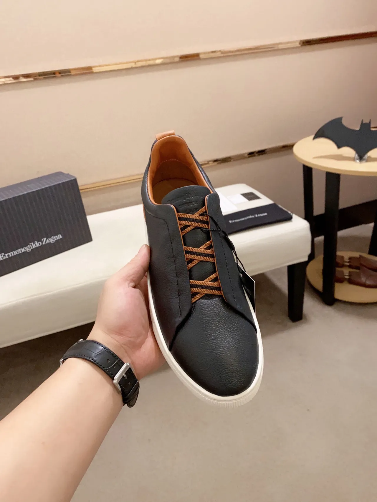 Zegna 黑色棕色皮革鞋面 踩脚式生活方式运动鞋 5
