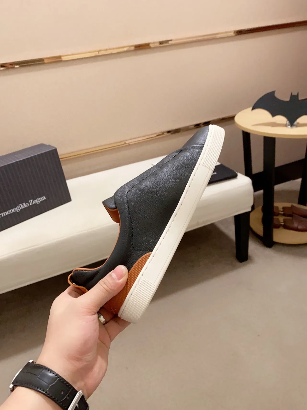 Zegna 黑色棕色皮革鞋面 踩脚式生活方式运动鞋 6