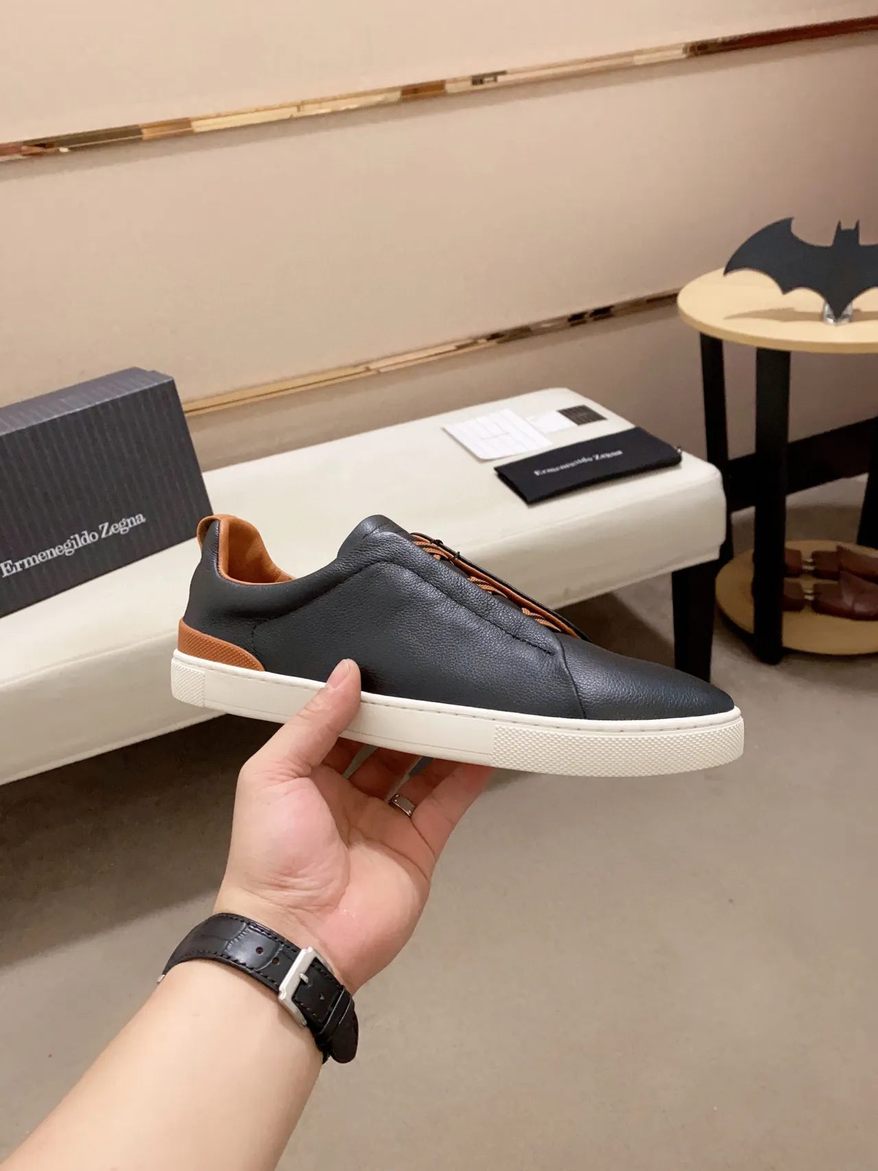 Zegna 黑色棕色皮革鞋面 踩脚式生活方式运动鞋 7