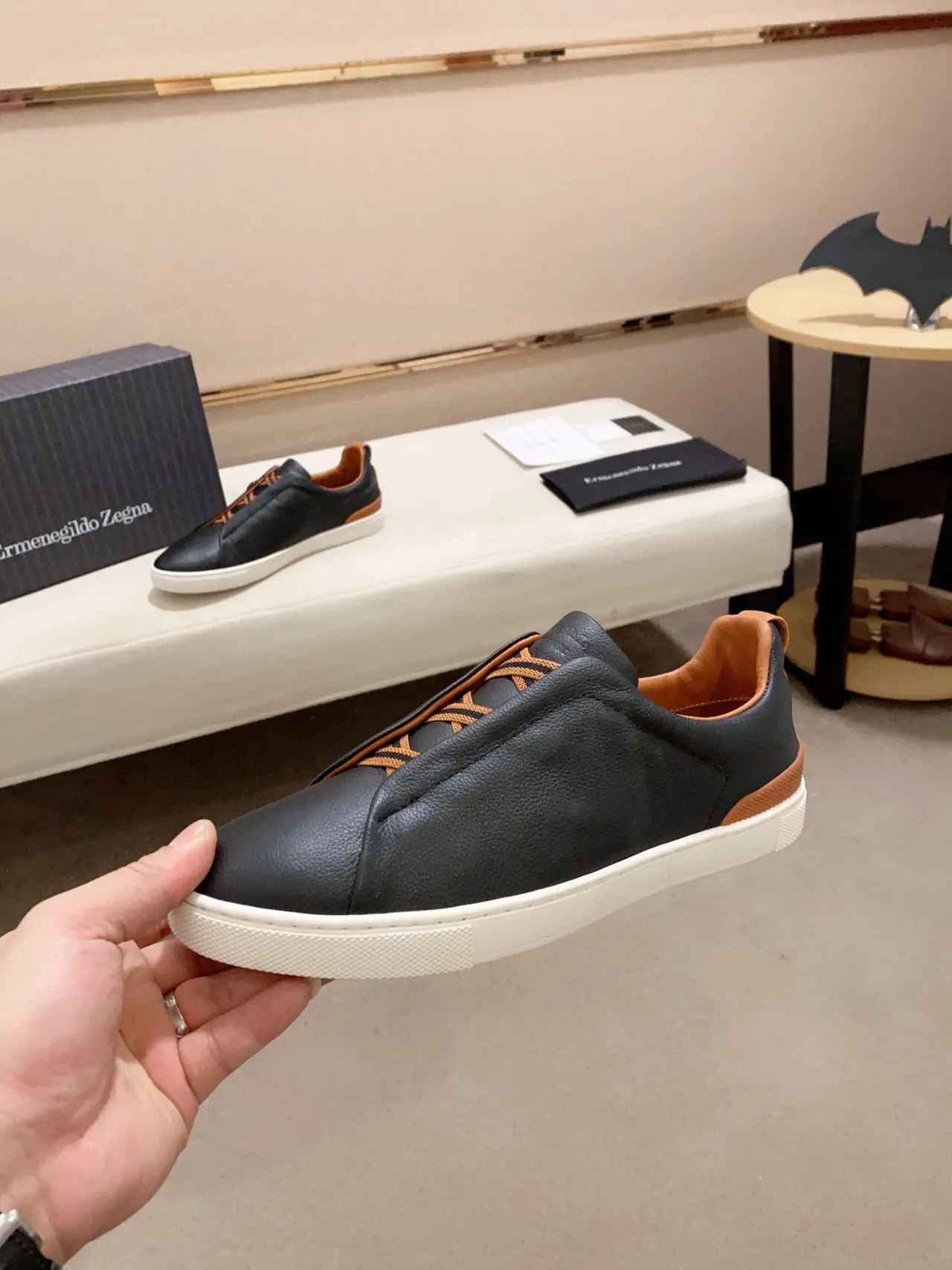 Zegna 黑色棕色皮革鞋面 踩脚式生活方式运动鞋 8