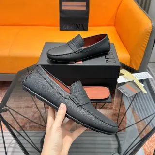 Zegna Black Brown Pebbled Leather Penny Strap Loafer