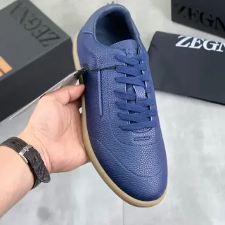 Zegna Blue Pebbled Leather Gum Sole Casual Shoes