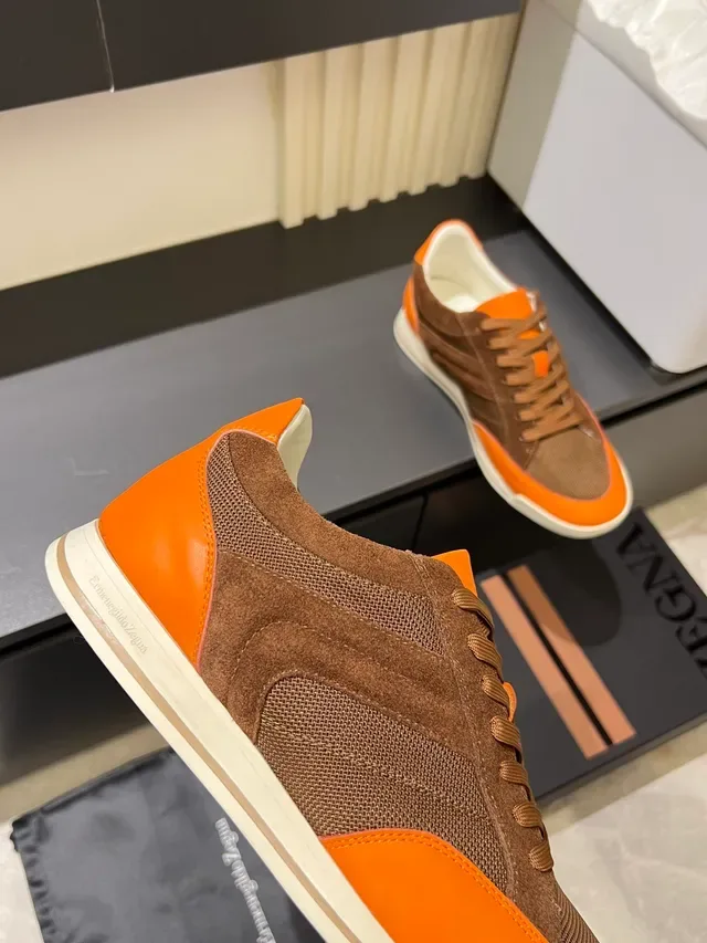 Zegna بني برتقالي حذاء رياضي مواد مختلطة علوية سويد وشبكة 4