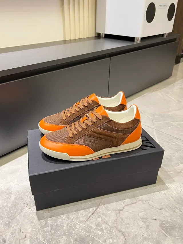 Zegna بني برتقالي حذاء رياضي مواد مختلطة علوية سويد وشبكة 5