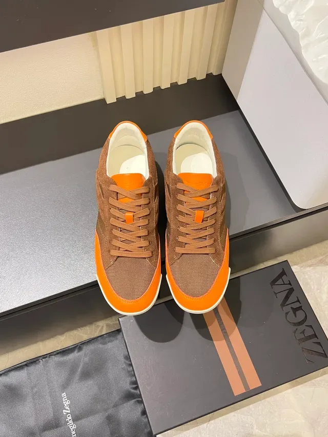 Zegna بني برتقالي حذاء رياضي مواد مختلطة علوية سويد وشبكة 6