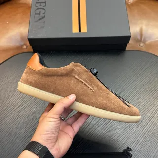 Zegna Brown Suede Zipper Slip-On Casual Shoe