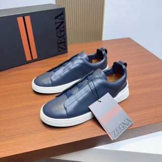 Zegna नेवी ब्लू लेदर स्लिप-ऑन लाइफस्टाइल स्नीकर