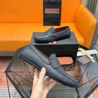 Zegna Penny Loafer Navy Brown Pebbled Leather Strap Loafer