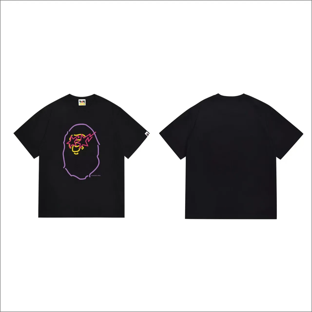 تيشيرت أسود A Bathing Ape بطباعة قرد بحدود نيون 4
