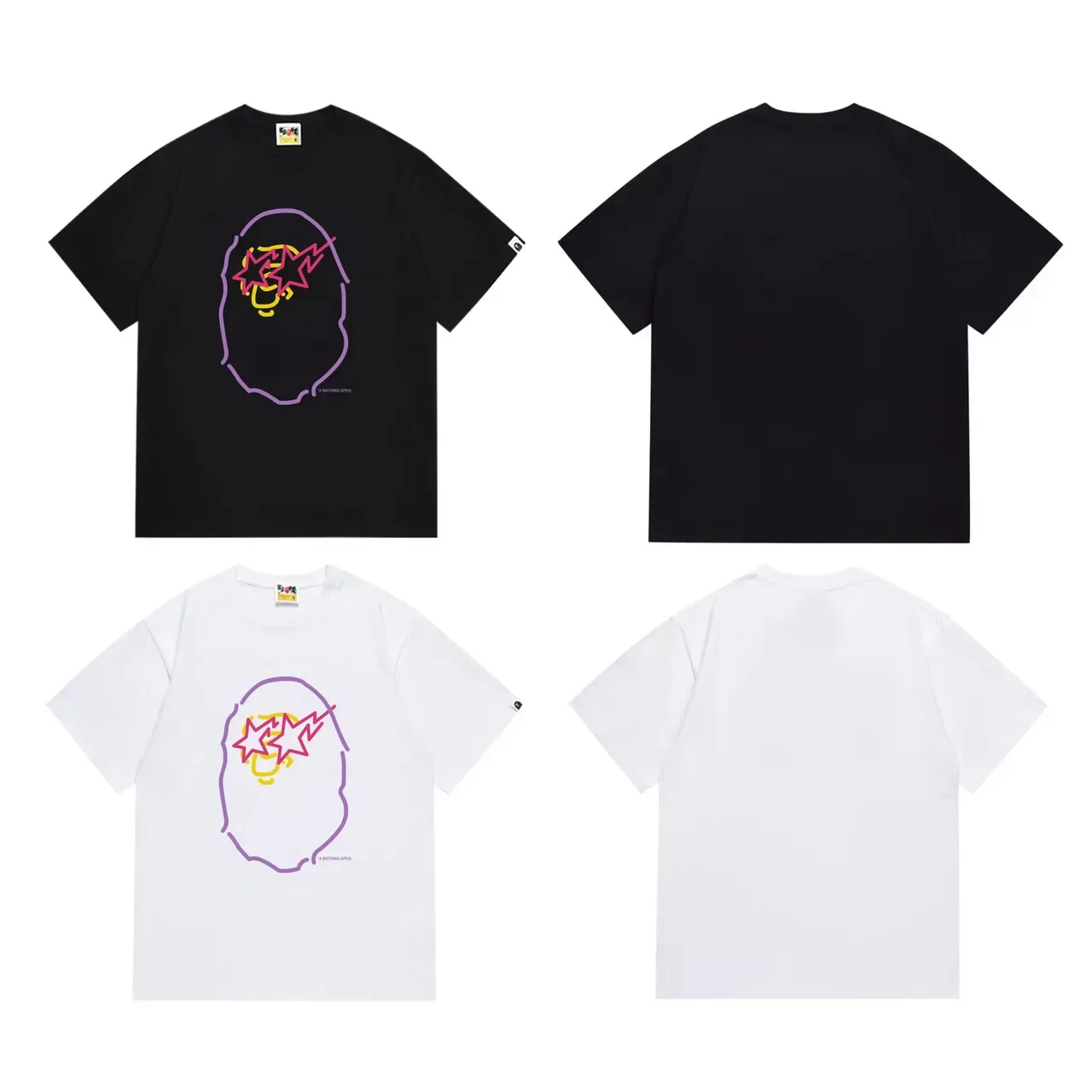 تيشيرت أسود A Bathing Ape بطباعة قرد بحدود نيون 6