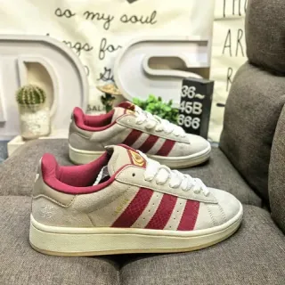 Adidas Beige Pink Low-Top Three-Stripe Lifestyle Sneakers