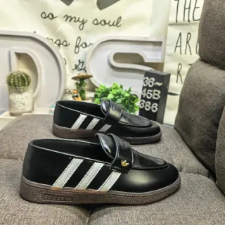 Adidas কালো সাদা চামড়া উপরের তিন স্ট্রাইপ সাইড প্যানেল লোফার