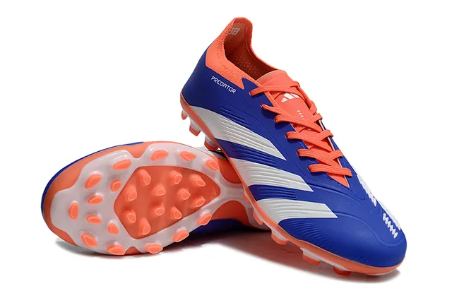 Adidas नीला नारंगी कम कट सिंथेटिक अपर तीन सफेद धार फर्म ग्राउंड फुटबॉल जूते 4