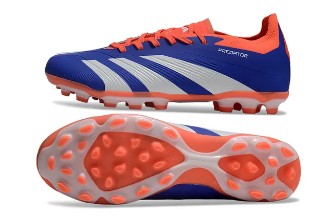 Adidas नीला नारंगी कम कट सिंथेटिक अपर तीन सफेद धार फर्म ग्राउंड फुटबॉल जूते 6