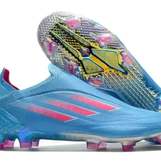 Adidas 蓝粉低帮袜套式鞋面 虹彩全息鞋底 硬地足球鞋