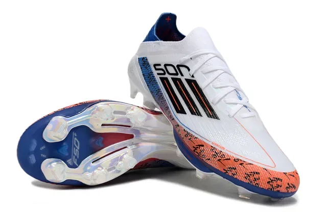 Adidas F50 Blanco Azul Bajo Corte Tejido Superior Placa Translucida Césped Firme Zapatos de Fútbol 4