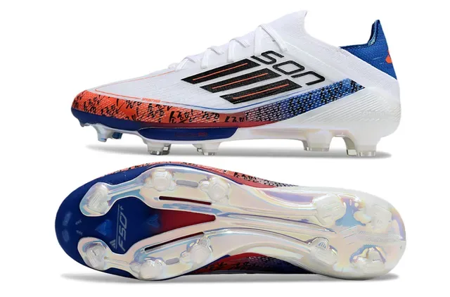 Adidas F50 Blanco Azul Bajo Corte Tejido Superior Placa Translucida Césped Firme Zapatos de Fútbol 6