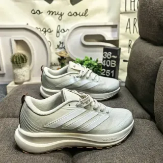 Adidas Gray Beige Mesh-and-Synthetic Upper Tonal Three-Stripe Branding Sneakers