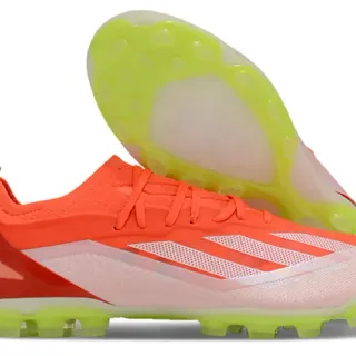 Adidas Chaussures de football orange vert upper tricoté coupe basse lacets asymétriques terrains fermes