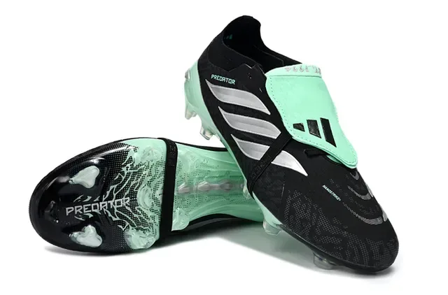 Adidas Predator Preto Verde Fecho de Correia Sem Cadarço Solado Translucido Mint Solo Firme Sapatos de Futebol 4