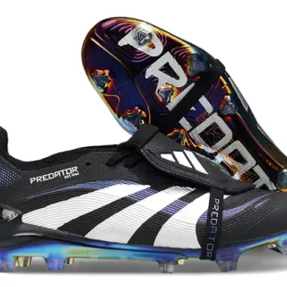 Adidas Predator Black White Laceless Strap Closure Iridescent Holographic Sole Firm-Ground Soccer Shoes