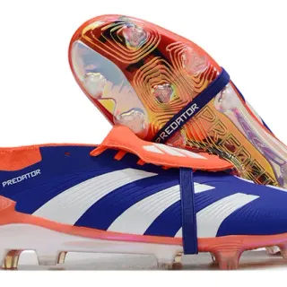 Adidas Predator 蓝色橙色 无鞋带 带式扣紧 虹彩半透明鞋底 硬地足球鞋