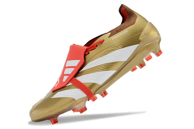 Adidas Predator Dourado Vermelho Metálico TPU Superior Branco Três Listras Marca Campo Firme Sapatos de Futebol 3
