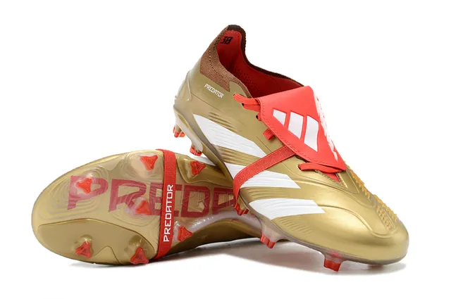 Adidas Predator Dourado Vermelho Metálico TPU Superior Branco Três Listras Marca Campo Firme Sapatos de Futebol 4