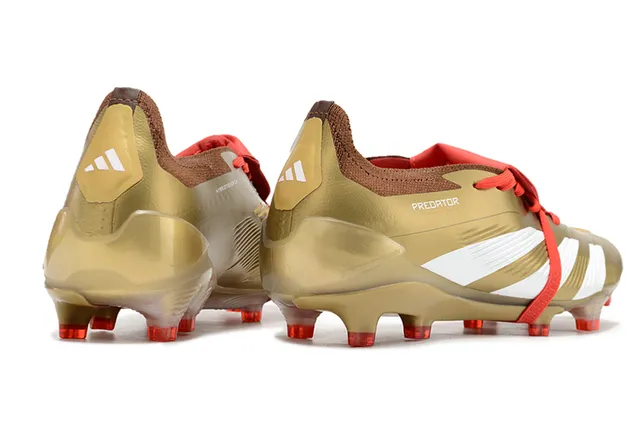 Adidas Predator Dourado Vermelho Metálico TPU Superior Branco Três Listras Marca Campo Firme Sapatos de Futebol 5