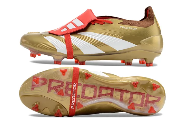 Adidas Predator Dourado Vermelho Metálico TPU Superior Branco Três Listras Marca Campo Firme Sapatos de Futebol 6