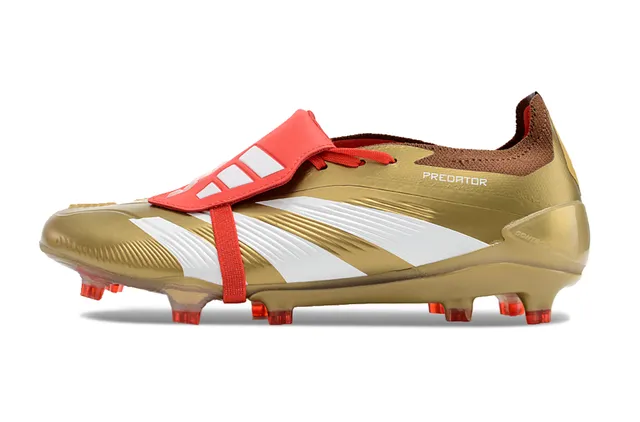 Adidas Predator Dourado Vermelho Metálico TPU Superior Branco Três Listras Marca Campo Firme Sapatos de Futebol 7