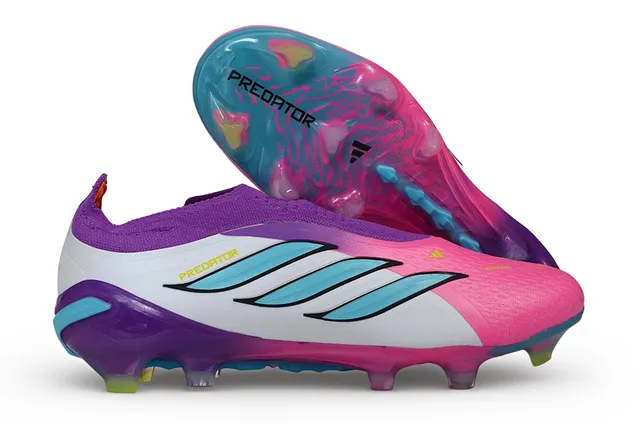 Adidas Predator Chaussures de football rose-violet avec col de chaussette, rayures asymétriques cyan, pour terrain ferme 4