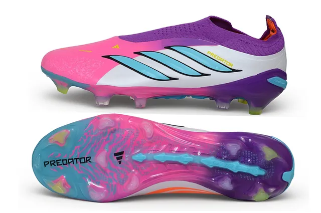 Adidas Predator Chaussures de football rose-violet avec col de chaussette, rayures asymétriques cyan, pour terrain ferme 5
