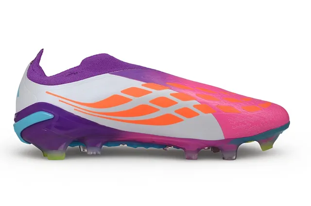 Adidas Predator Chaussures de football rose-violet avec col de chaussette, rayures asymétriques cyan, pour terrain ferme 7