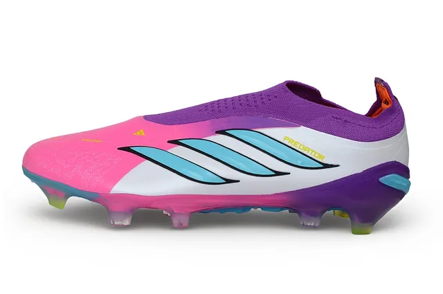 Adidas Predator Chaussures de football rose-violet avec col de chaussette, rayures asymétriques cyan, pour terrain ferme 8