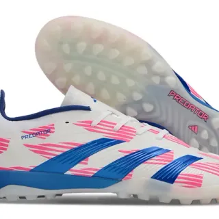 Adidas Predator White Blue Low-Cut Synthetic Upper Diagonal Pink Graphic Overlay Turf Soccer Shoes