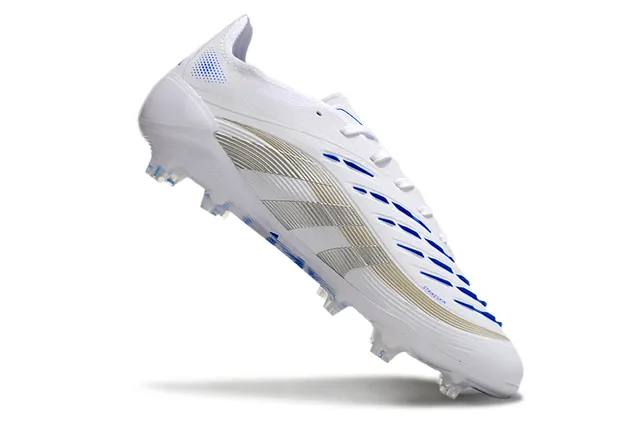 Adidas Predator Chaussures de football Blanc Bleu Tige Synthétique Rayures Métalliques Argentées de Trois Rayures Firm-Ground 2
