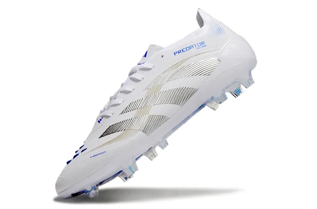 Adidas Predator Chaussures de football Blanc Bleu Tige Synthétique Rayures Métalliques Argentées de Trois Rayures Firm-Ground 3