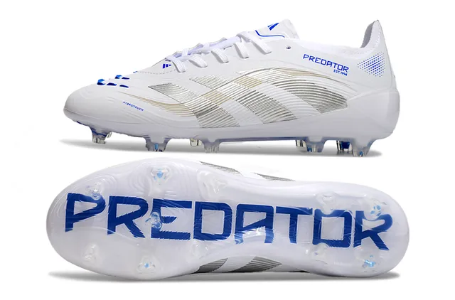 Adidas Predator Chaussures de football Blanc Bleu Tige Synthétique Rayures Métalliques Argentées de Trois Rayures Firm-Ground 6