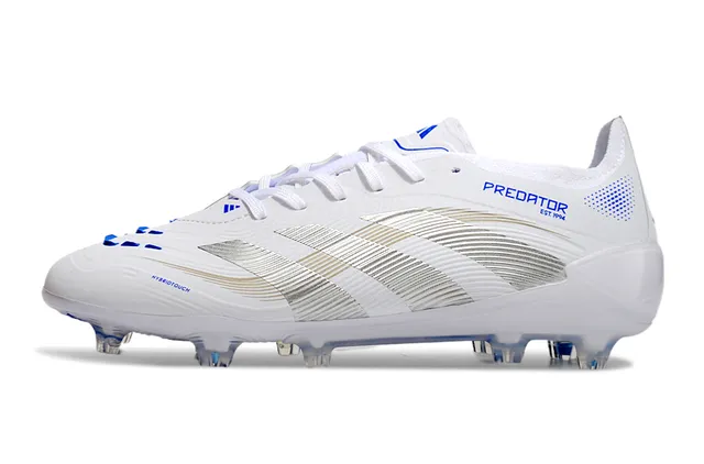 Adidas Predator Chaussures de football Blanc Bleu Tige Synthétique Rayures Métalliques Argentées de Trois Rayures Firm-Ground 7