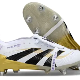 Adidas Predator Botas de fútbol blancas y doradas de bajo corte upper de jaula con rayas para terreno firme