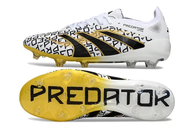 Adidas Predator Botas de futebol branco e dourado de corte baixo com impressão gráfica de monograma para gramado firme 5