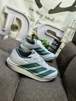 Adidas White Green Lightweight Engineered Mesh Upper Perforated Three-Stripe Overlay Running Shoes 9