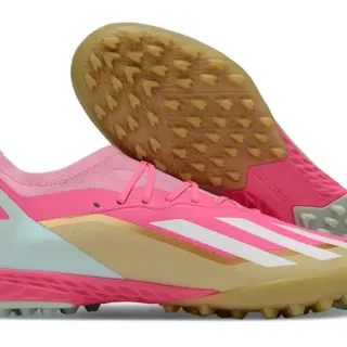 Adidas X 粉米色低帮钉鞋 非对称系带 草地足球鞋