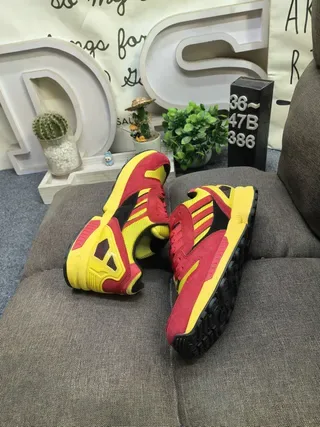 Adidas Yellow Red Three-Stripe Side Panel Torsion Bar Midsole Lifestyle Sneakers 6